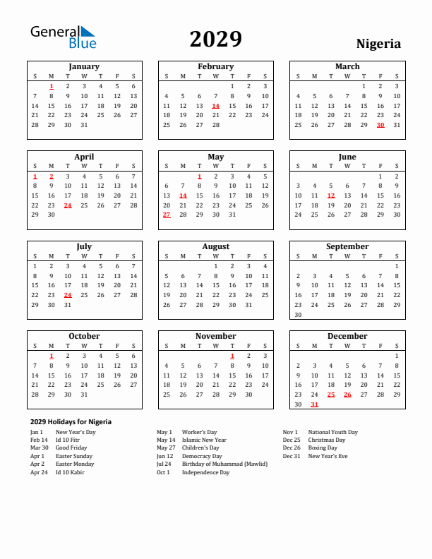 2029 Nigeria Holiday Calendar - Sunday Start
