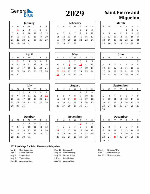 2029 Saint Pierre and Miquelon Holiday Calendar - Sunday Start