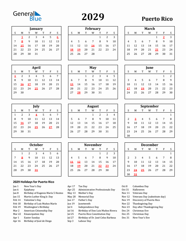 2029 Puerto Rico Holiday Calendar - Sunday Start