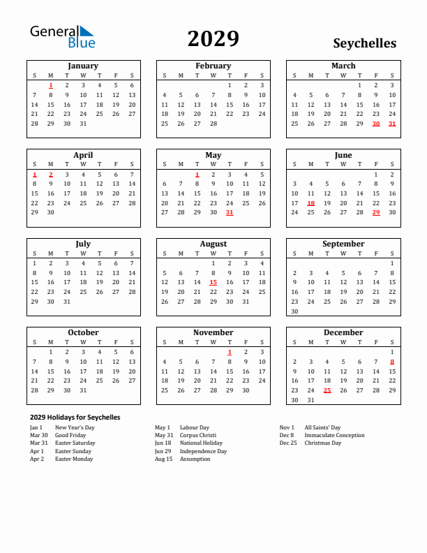 2029 Seychelles Holiday Calendar - Sunday Start