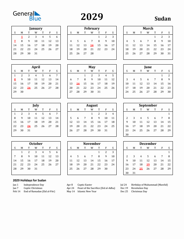 2029 Sudan Holiday Calendar - Sunday Start