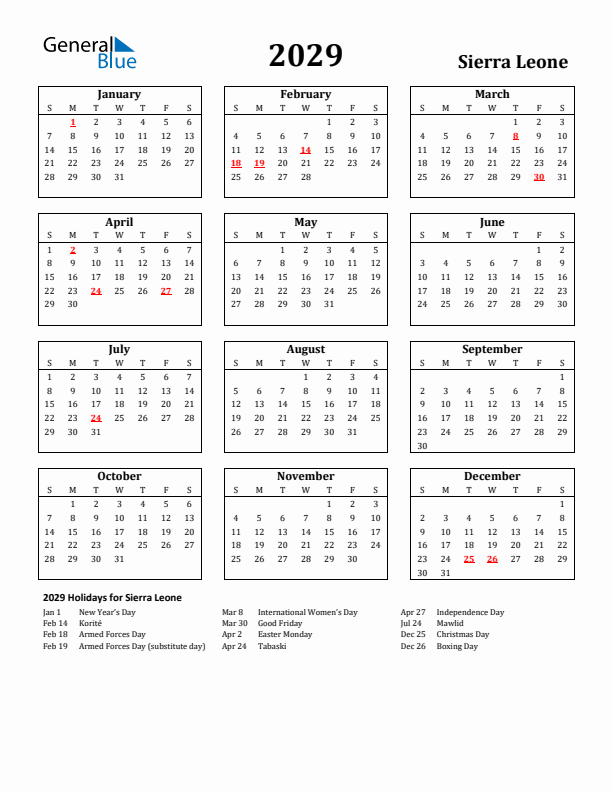 2029 Sierra Leone Holiday Calendar - Sunday Start