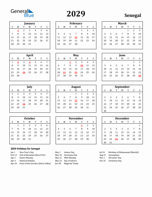 2029 Senegal Holiday Calendar - Sunday Start
