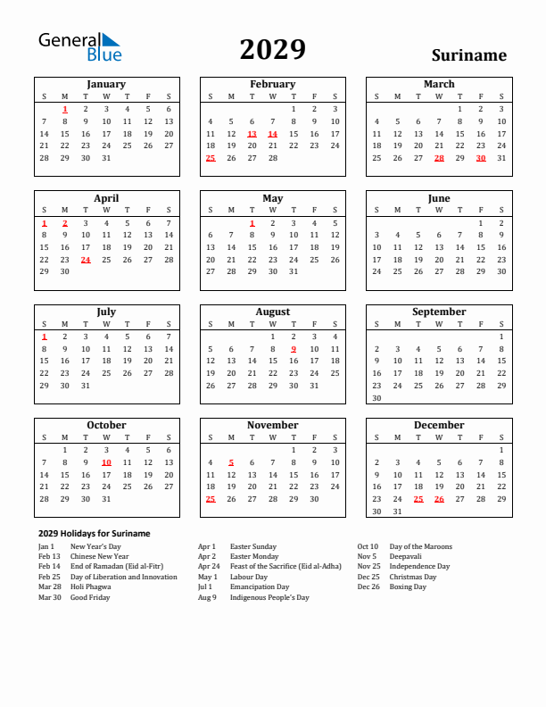 2029 Suriname Holiday Calendar - Sunday Start