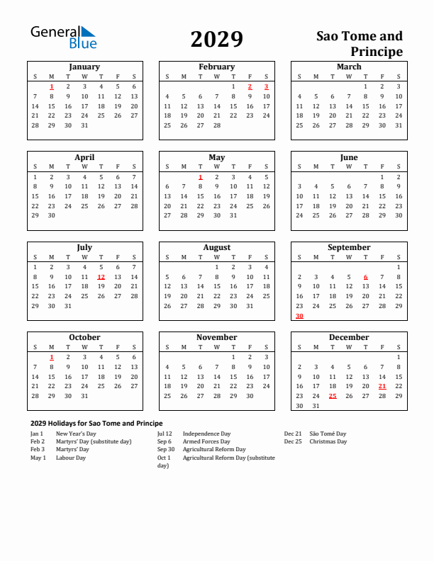 2029 Sao Tome and Principe Holiday Calendar - Sunday Start