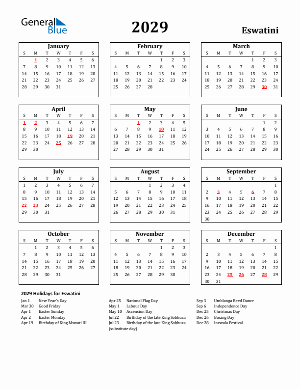 2029 Eswatini Holiday Calendar - Sunday Start