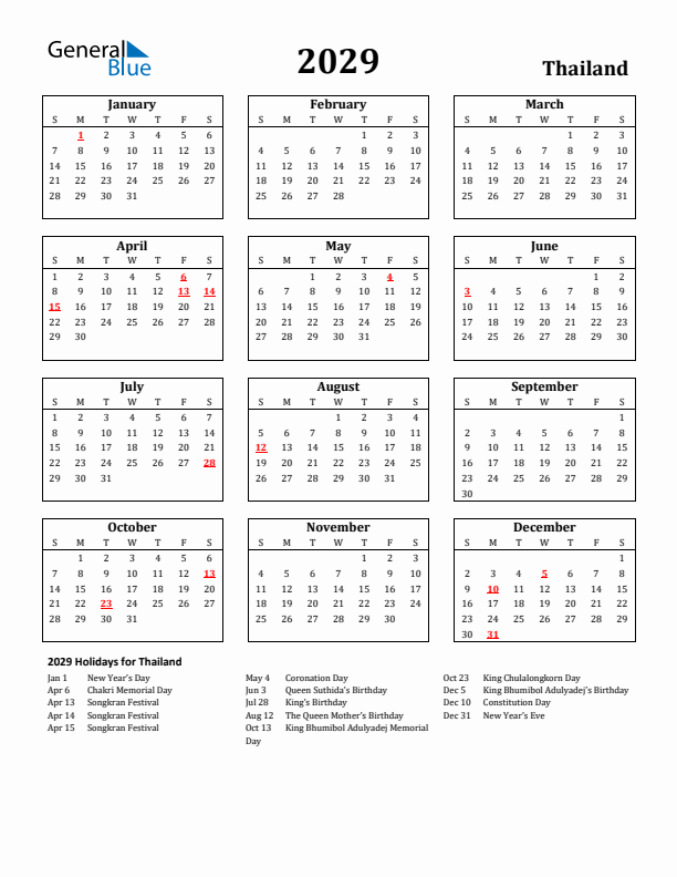 2029 Thailand Holiday Calendar - Sunday Start