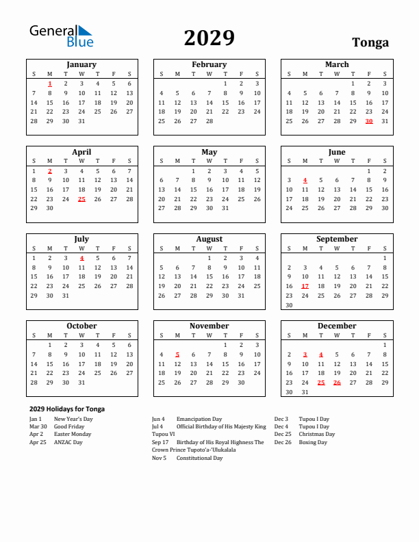 2029 Tonga Holiday Calendar - Sunday Start