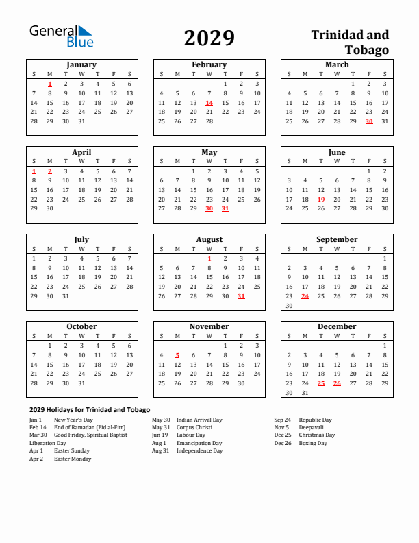 2029 Trinidad and Tobago Holiday Calendar - Sunday Start