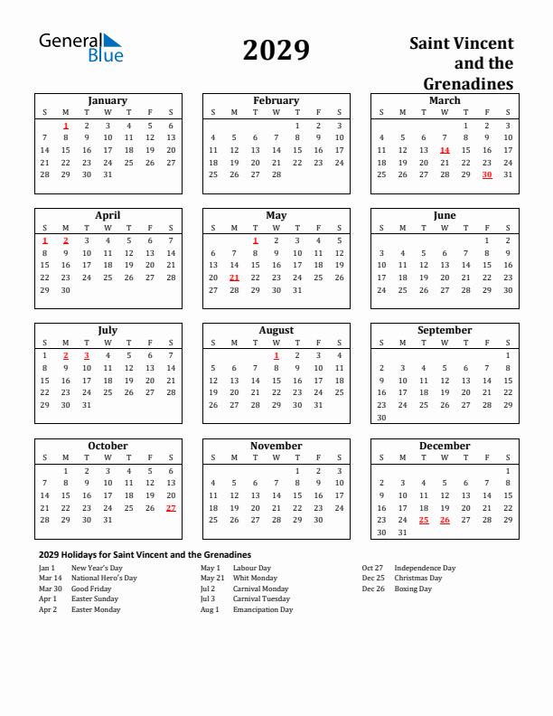2029 Saint Vincent and the Grenadines Holiday Calendar - Sunday Start