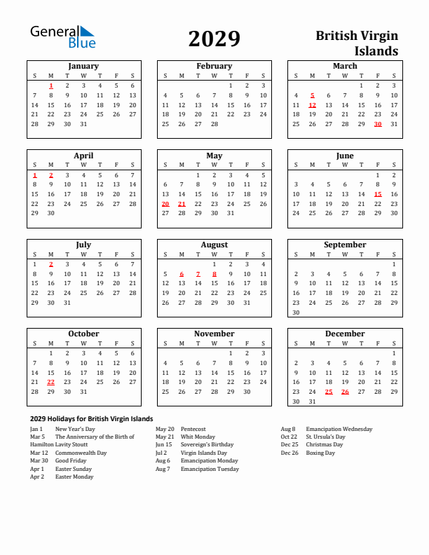 2029 British Virgin Islands Holiday Calendar - Sunday Start
