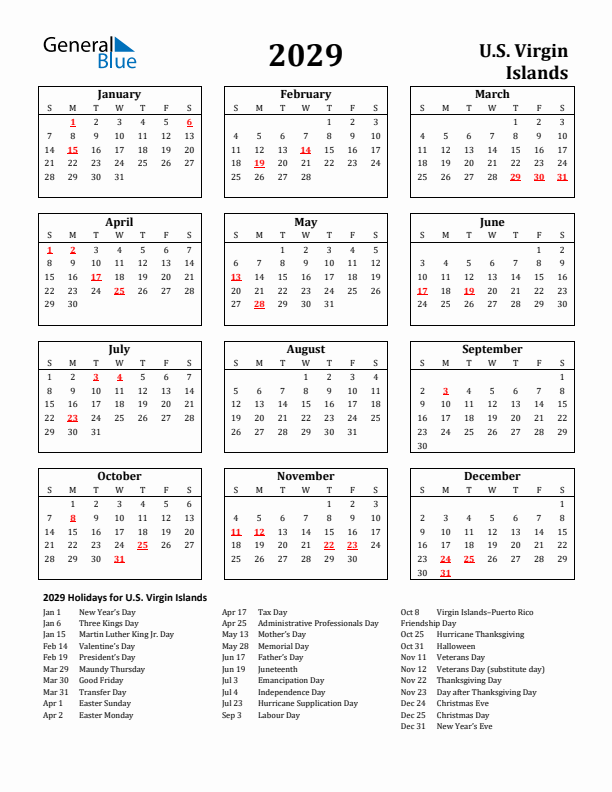 2029 U.S. Virgin Islands Holiday Calendar - Sunday Start