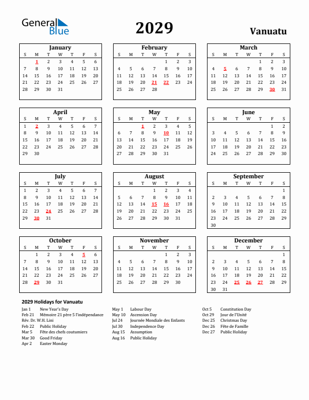 2029 Vanuatu Holiday Calendar - Sunday Start