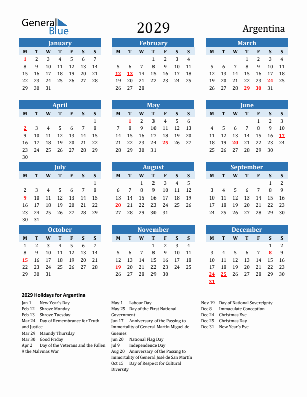 Printable Calendar 2029 with Argentina Holidays (Monday Start)