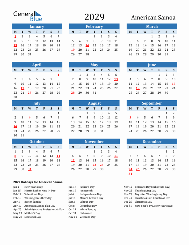 Printable Calendar 2029 with American Samoa Holidays (Monday Start)