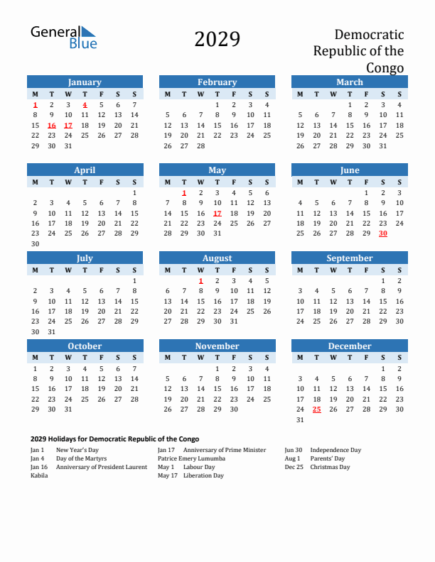 Printable Calendar 2029 with Democratic Republic of the Congo Holidays (Monday Start)