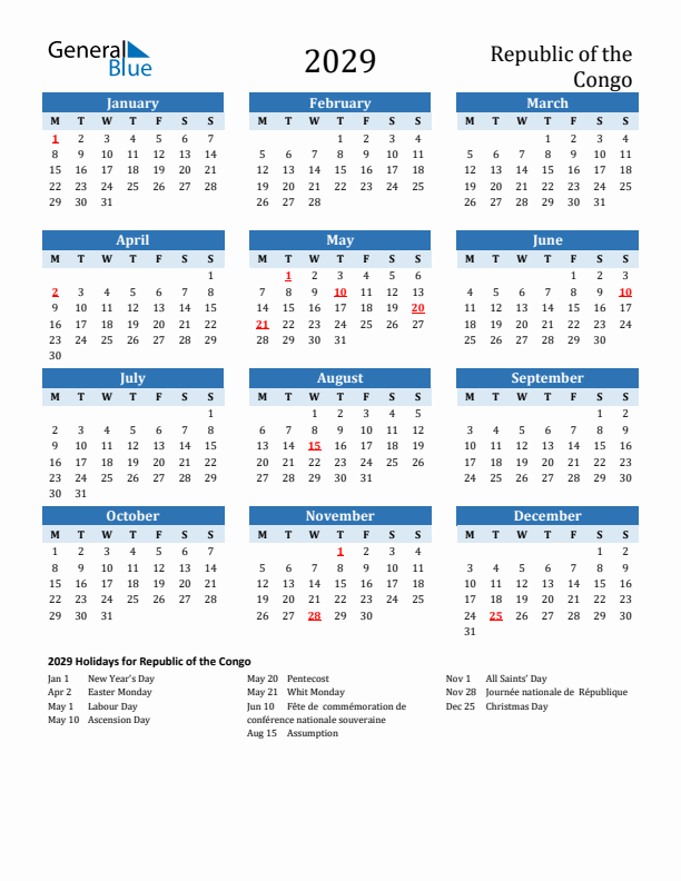 Printable Calendar 2029 with Republic of the Congo Holidays (Monday Start)