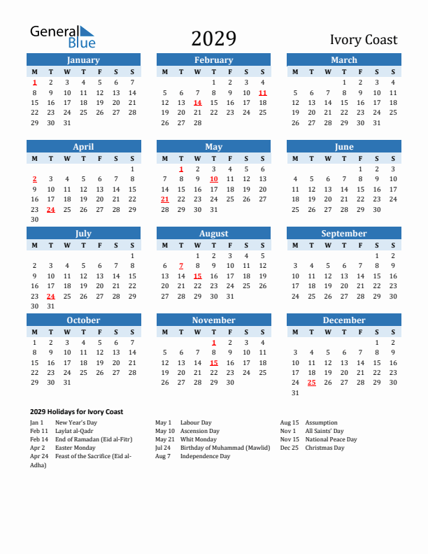 Printable Calendar 2029 with Ivory Coast Holidays (Monday Start)