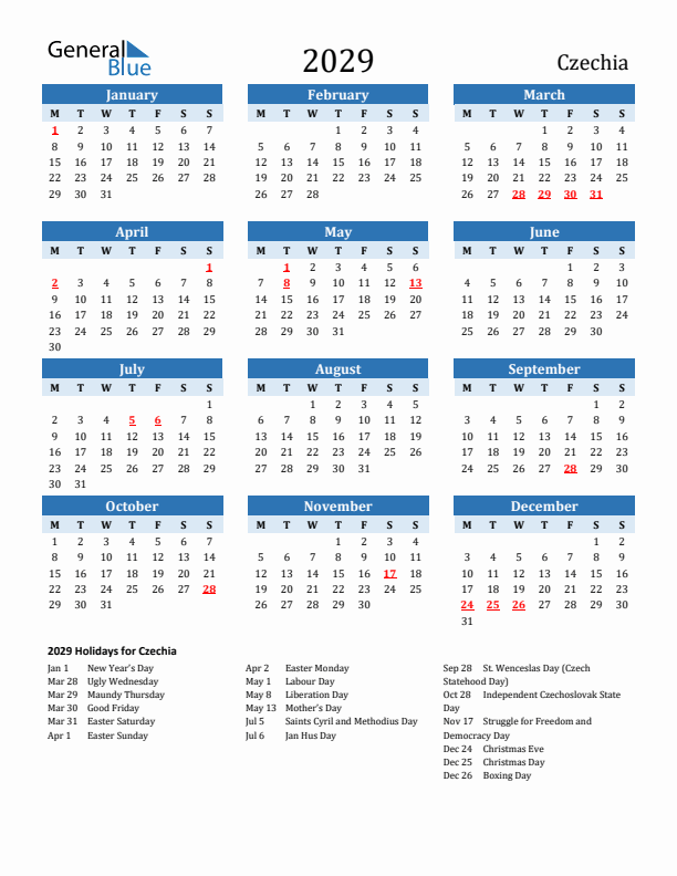 Printable Calendar 2029 with Czechia Holidays (Monday Start)