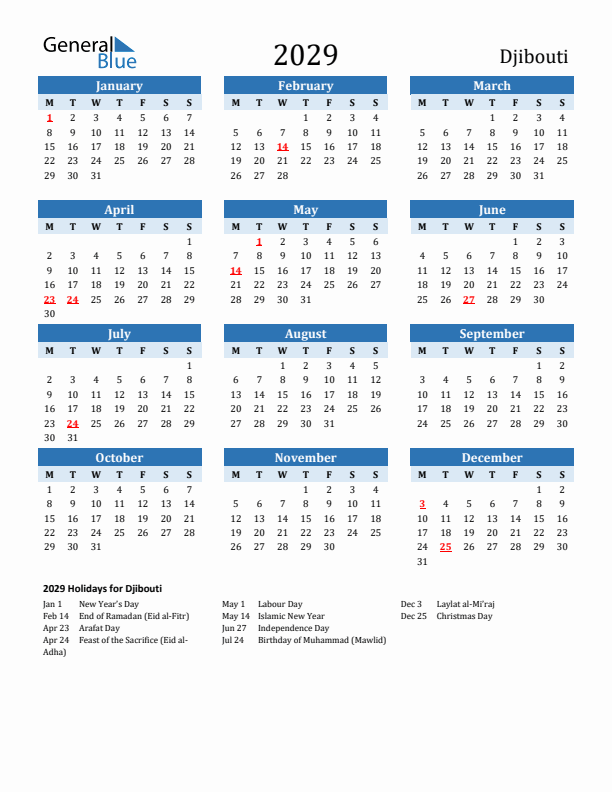 Printable Calendar 2029 with Djibouti Holidays (Monday Start)
