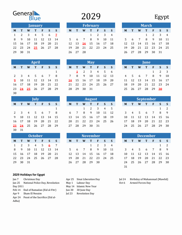 Printable Calendar 2029 with Egypt Holidays (Monday Start)