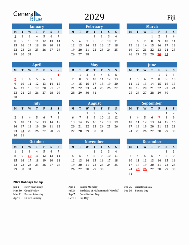 Printable Calendar 2029 with Fiji Holidays (Monday Start)