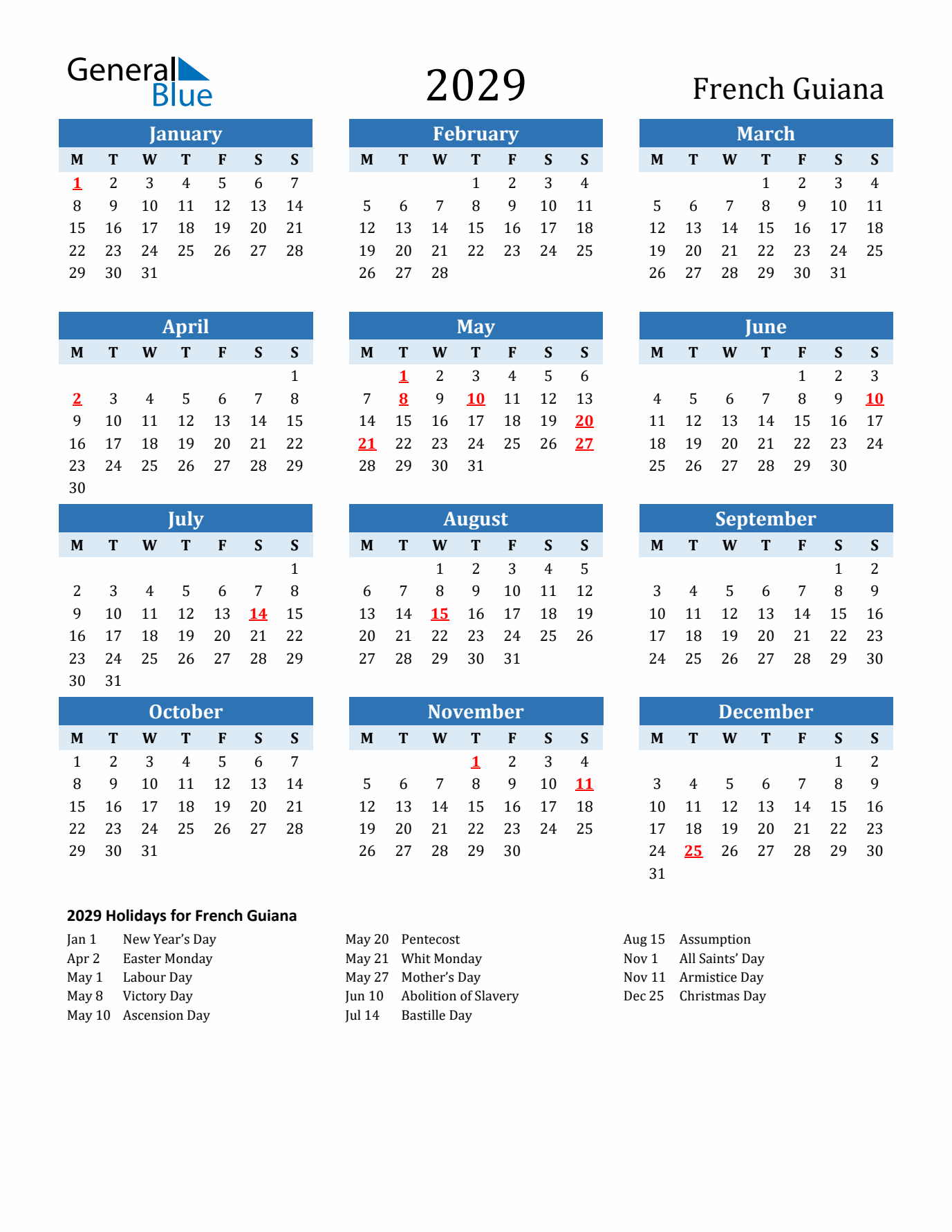 Printable Calendar 2029 with French Guiana Holidays (Monday Start)