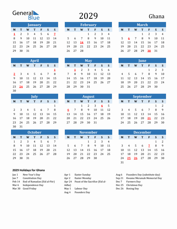 Printable Calendar 2029 with Ghana Holidays (Monday Start)