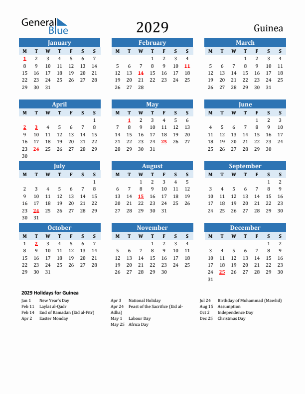 Printable Calendar 2029 with Guinea Holidays (Monday Start)