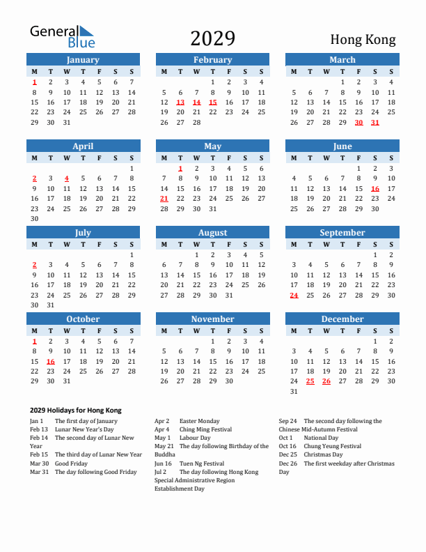 Printable Calendar 2029 with Hong Kong Holidays (Monday Start)
