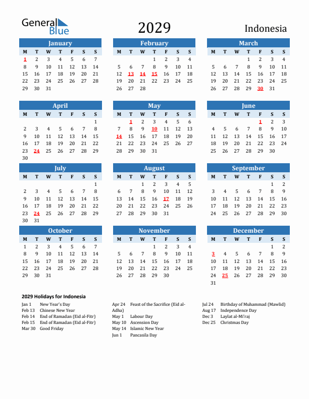 Printable Calendar 2029 with Indonesia Holidays (Monday Start)