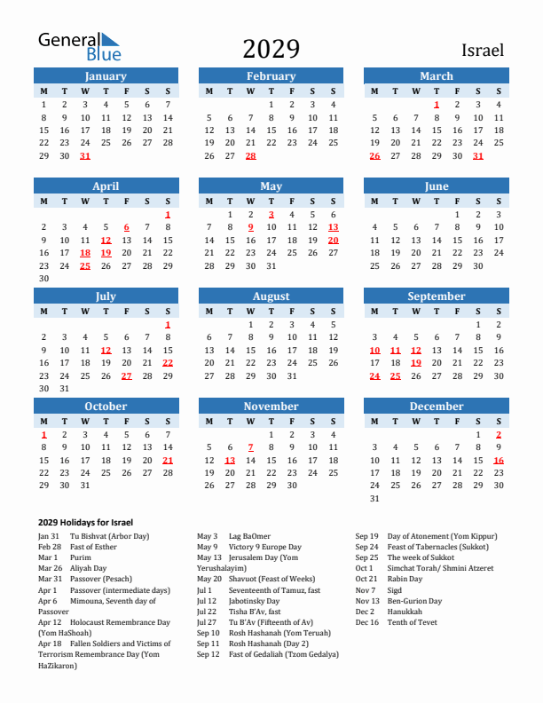 Printable Calendar 2029 with Israel Holidays (Monday Start)