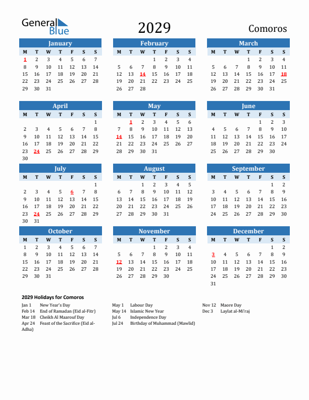 Printable Calendar 2029 with Comoros Holidays (Monday Start)