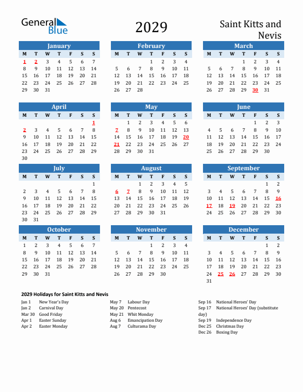 Printable Calendar 2029 with Saint Kitts and Nevis Holidays (Monday Start)