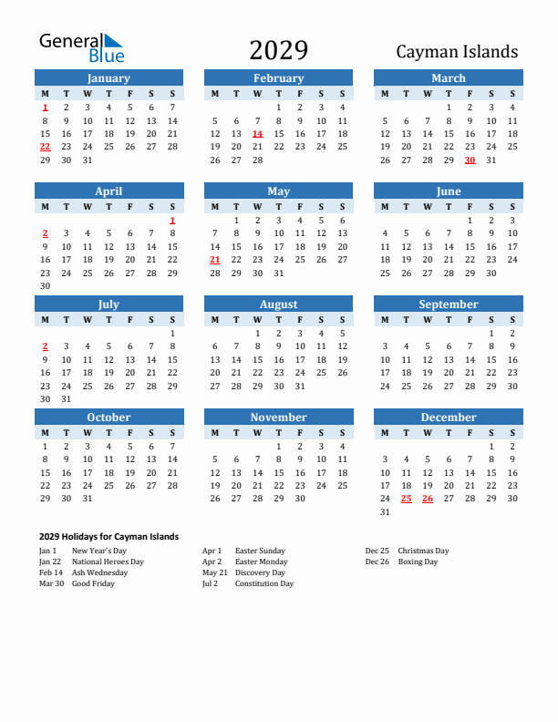Printable Calendar 2029 with Cayman Islands Holidays (Monday Start)