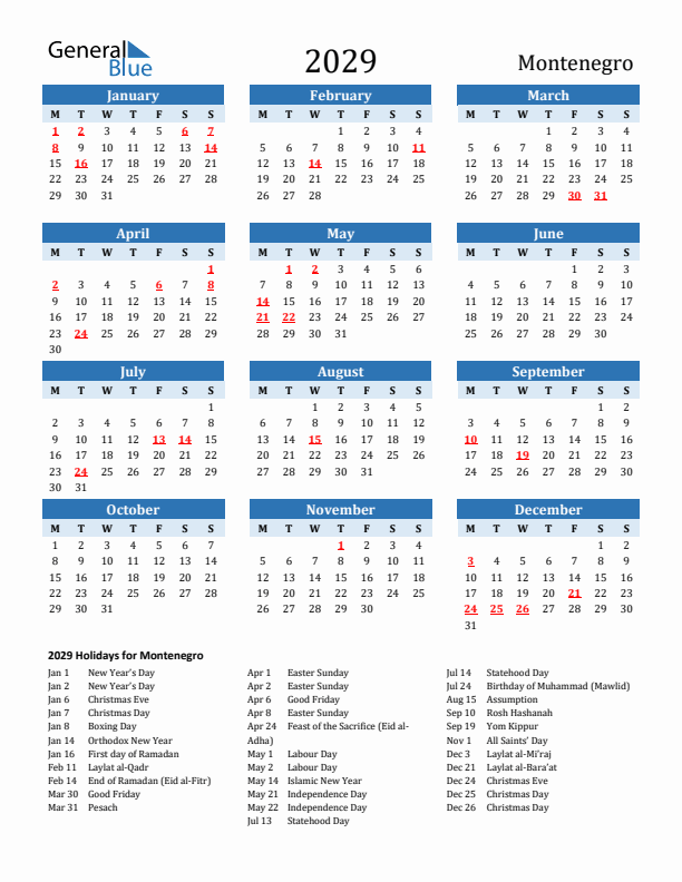 Printable Calendar 2029 with Montenegro Holidays (Monday Start)