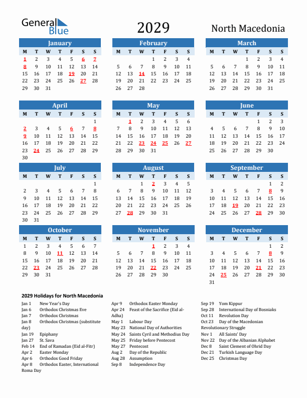 Printable Calendar 2029 with North Macedonia Holidays (Monday Start)
