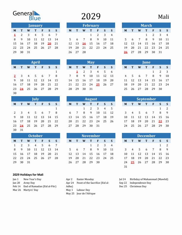 Printable Calendar 2029 with Mali Holidays (Monday Start)