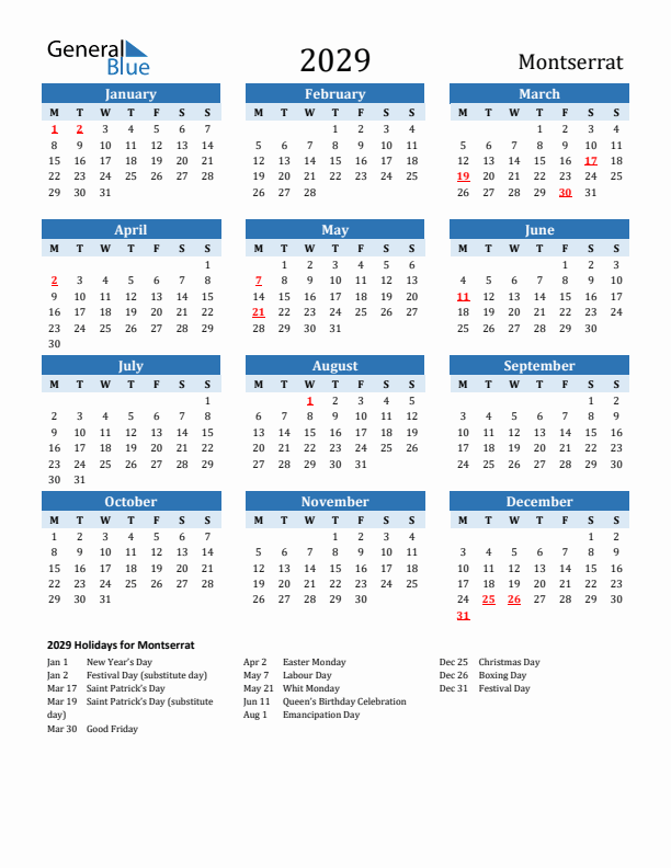 Printable Calendar 2029 with Montserrat Holidays (Monday Start)