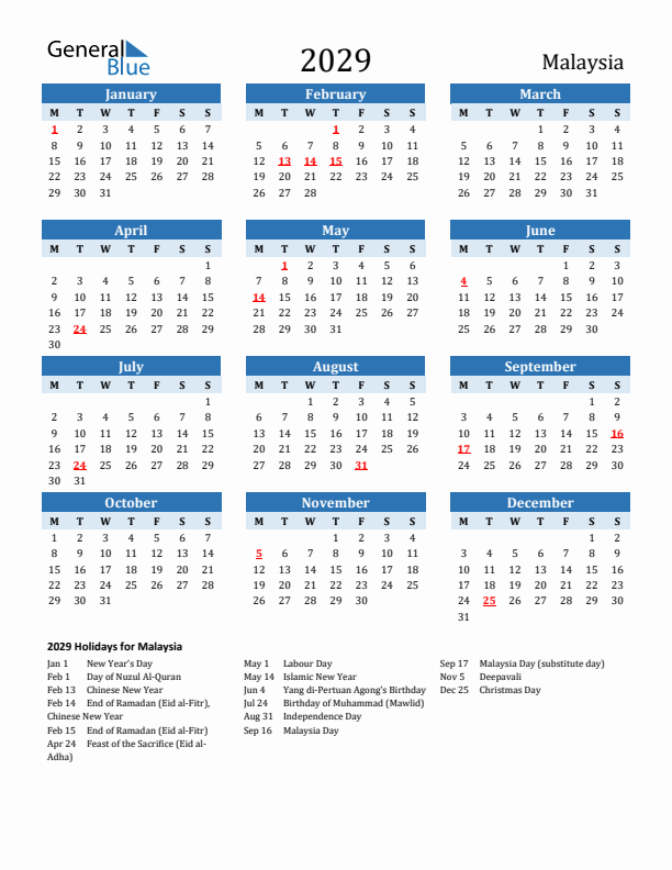 Printable Calendar 2029 with Malaysia Holidays (Monday Start)