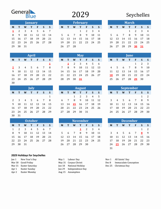 Printable Calendar 2029 with Seychelles Holidays (Monday Start)
