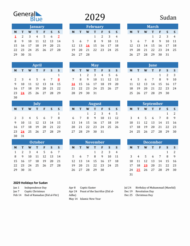 Printable Calendar 2029 with Sudan Holidays (Monday Start)