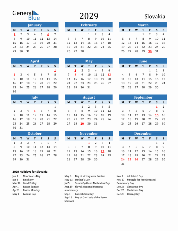 Printable Calendar 2029 with Slovakia Holidays (Monday Start)