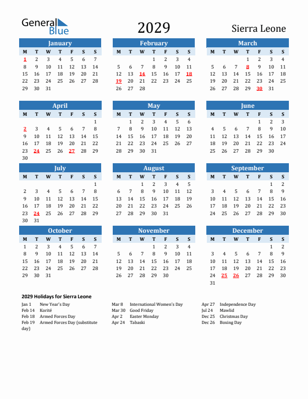 Printable Calendar 2029 with Sierra Leone Holidays (Monday Start)
