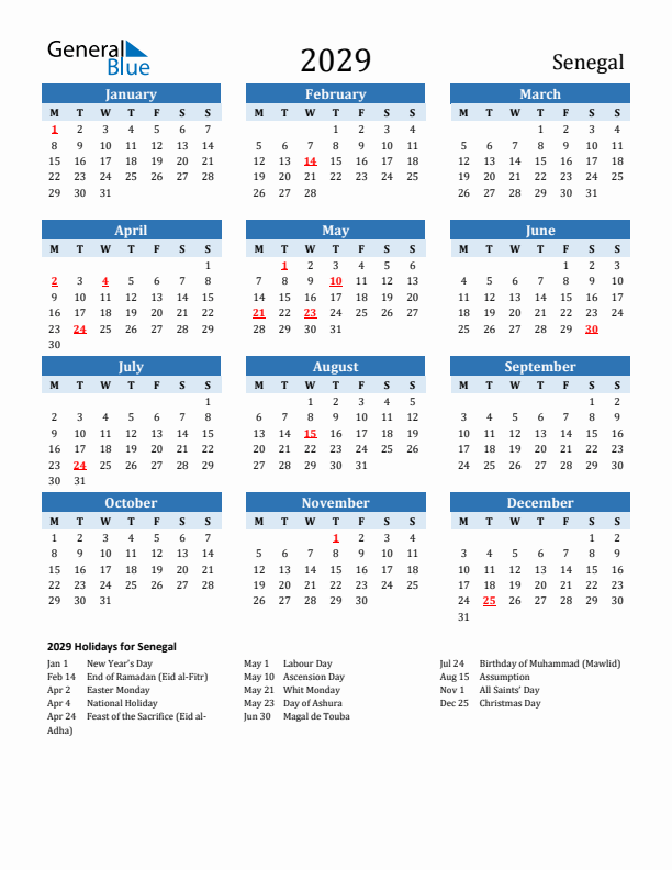 Printable Calendar 2029 with Senegal Holidays (Monday Start)