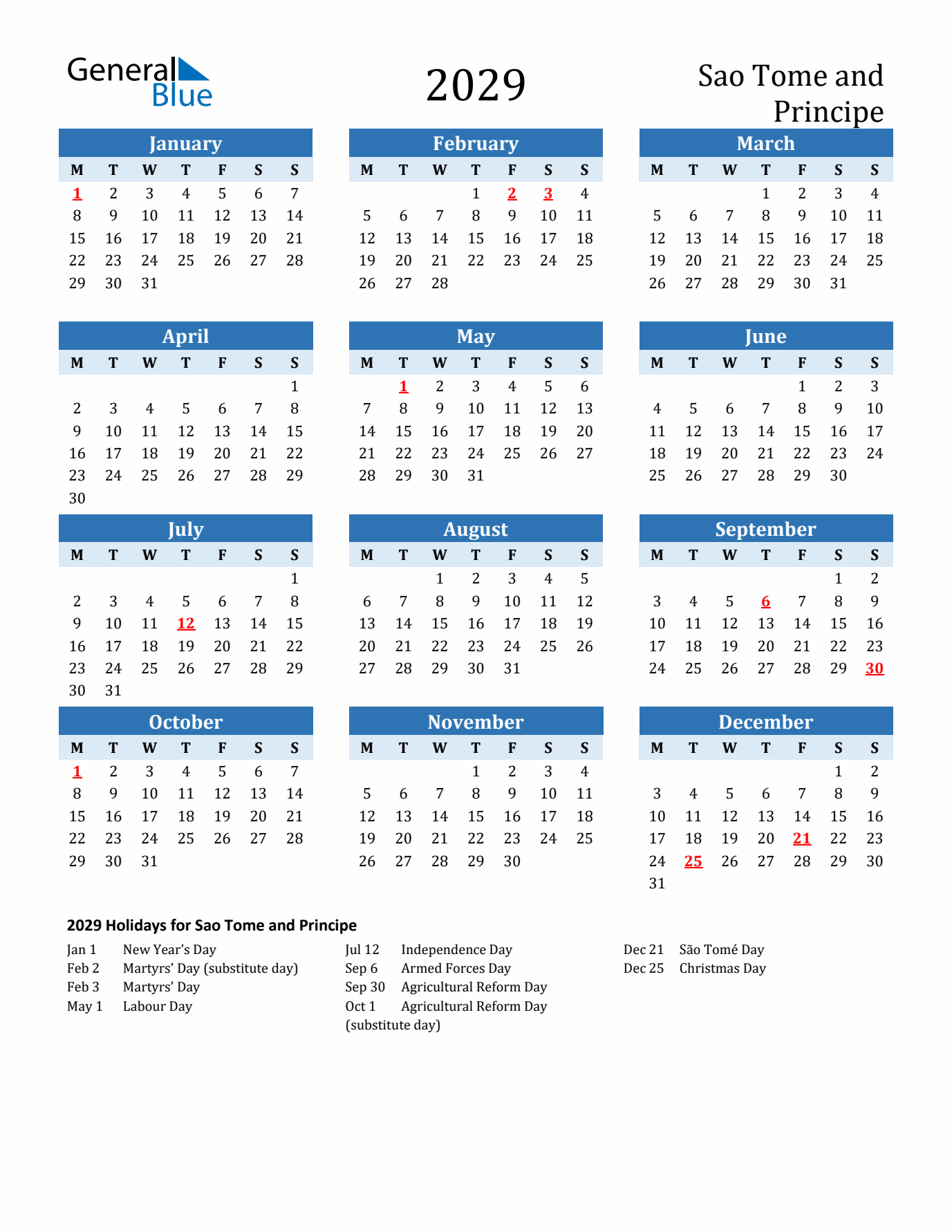 Printable Calendar 2029 with Sao Tome and Principe Holidays (Monday Start)
