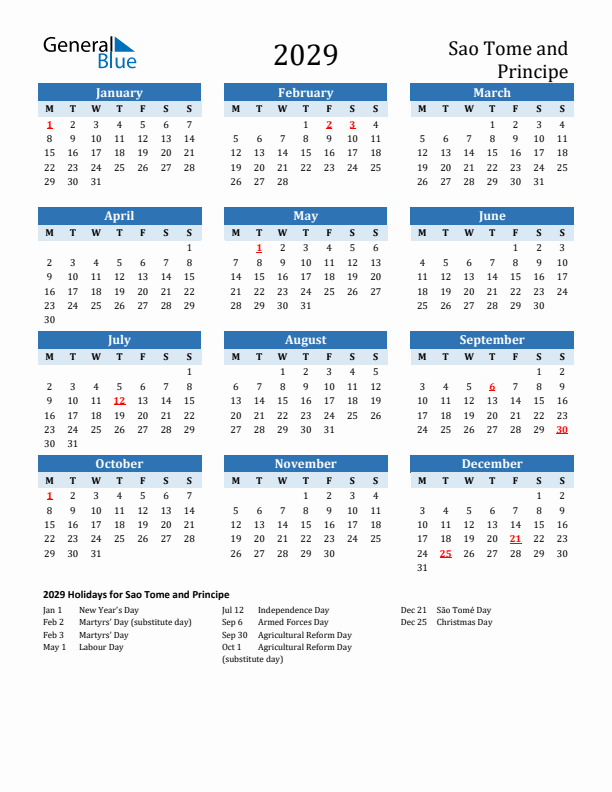 Printable Calendar 2029 with Sao Tome and Principe Holidays (Monday Start)