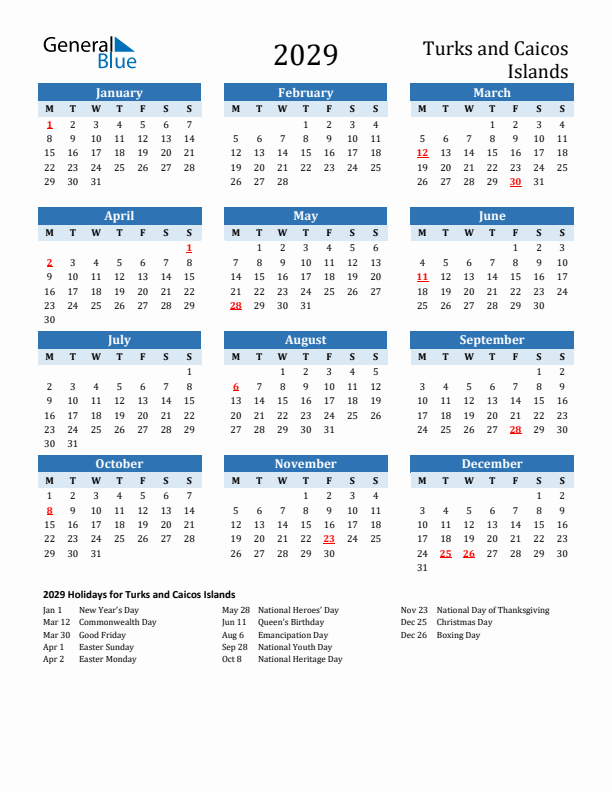 Printable Calendar 2029 with Turks and Caicos Islands Holidays (Monday Start)