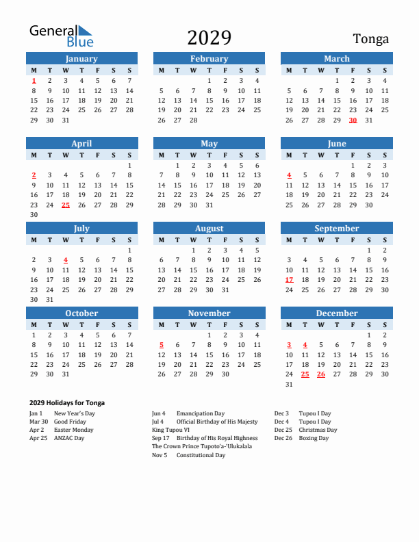 Printable Calendar 2029 with Tonga Holidays (Monday Start)