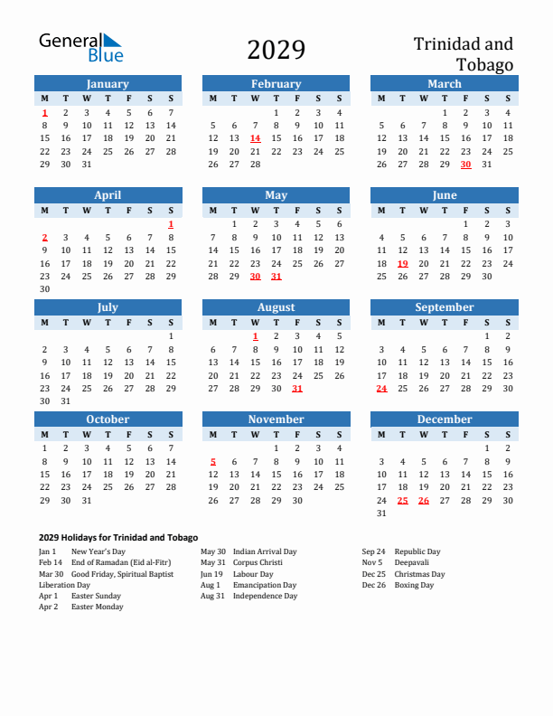 Printable Calendar 2029 with Trinidad and Tobago Holidays (Monday Start)
